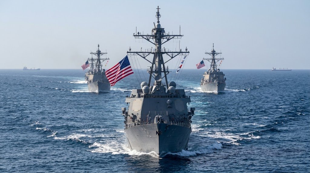 3 navios da marinha americana em alto mar